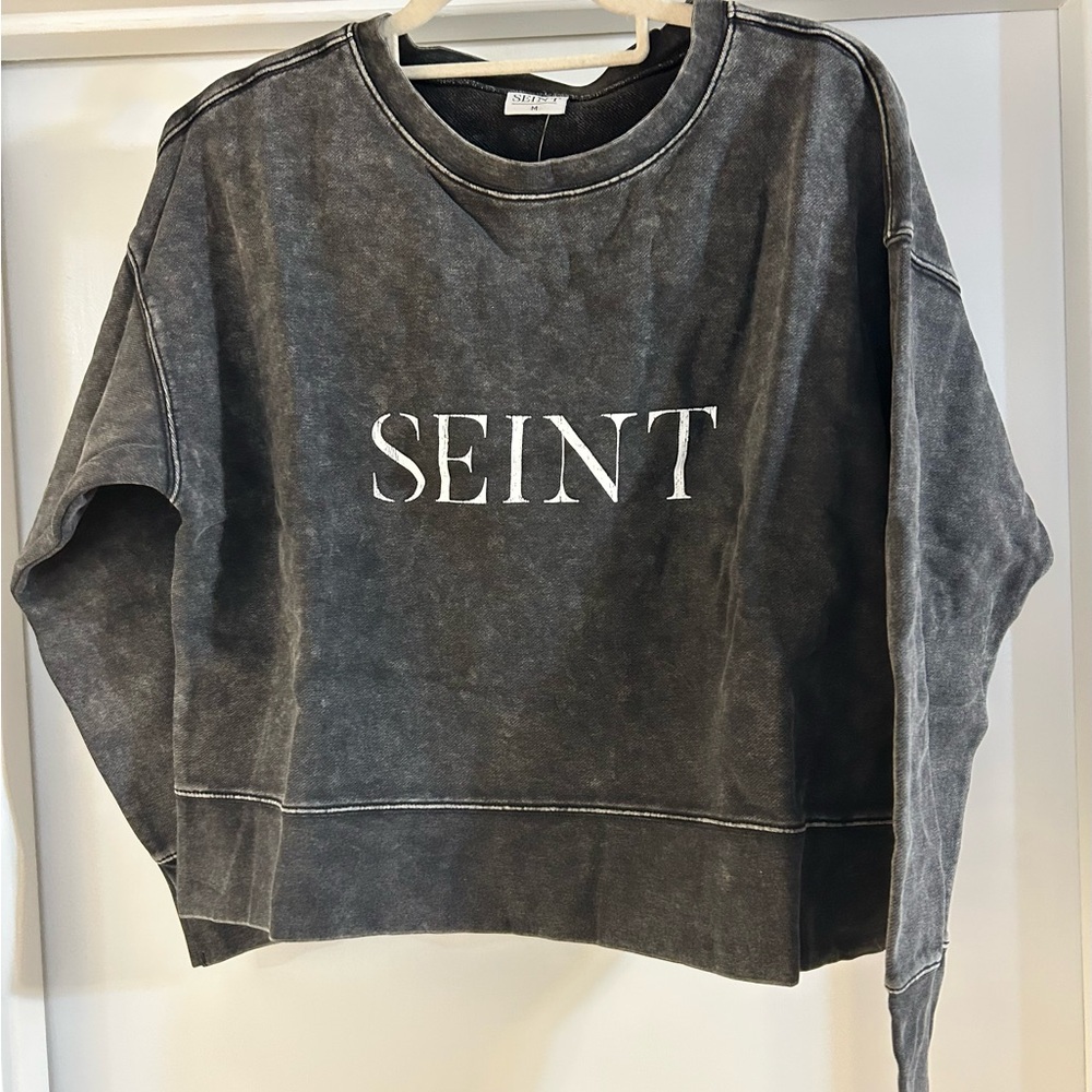 Seint Cropped Distressed Mineral Wash Crewneck Sweatshirt Dark Gray NWT